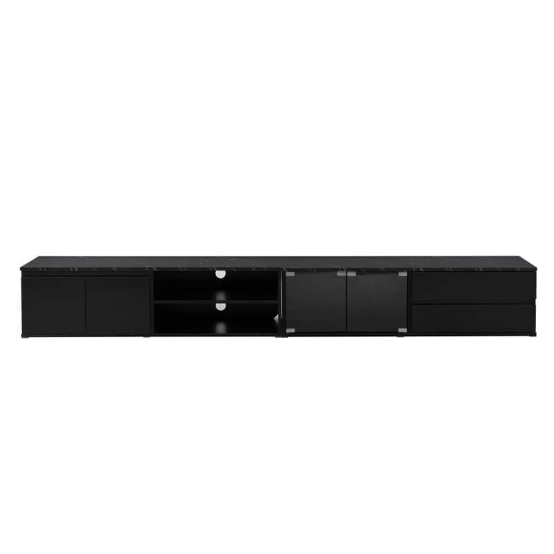 Modern 105" App-Controlled LED TV Stand with Faux Marble Top & Glass Doors