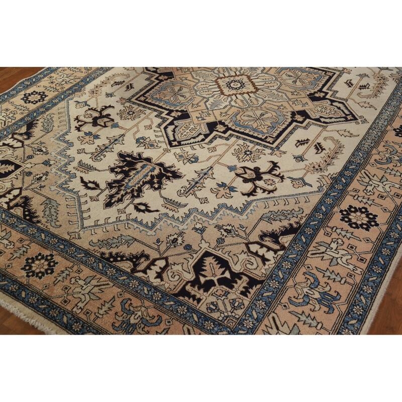 Hand Knotted Oriental 100% Wool Carpet Traditional Medallion Beige & Ivories Heriz (serapi) Area Rug - 9' 7'' X 6' 5''