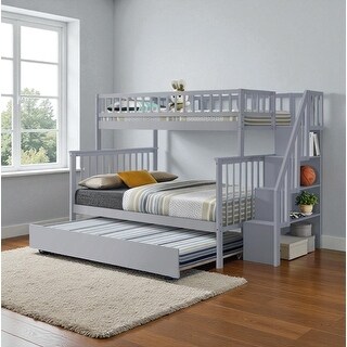 Twin Over Full Bunk Bed with Trundle and Stairs, Convertible Wood Frame ...