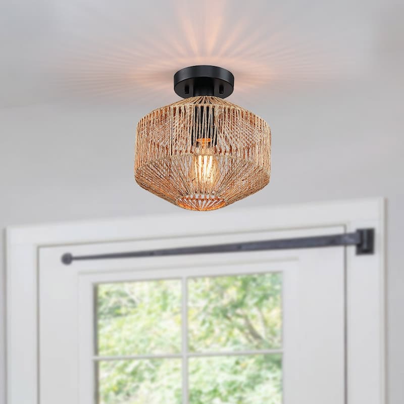True Fine Bohemian Natural Jute Rope Semi Flush Mount Ceiling Light with Black Hardware
