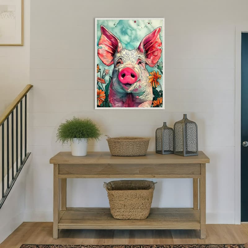 Pig in Flowers by Justyna Jaszke Framed Canvas Wall Art