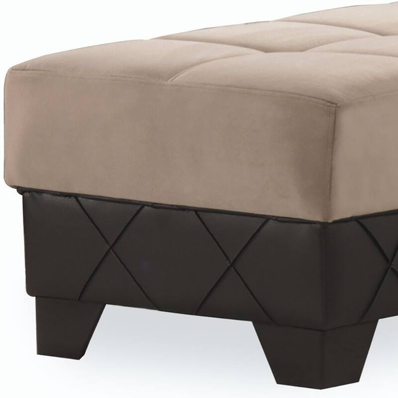 HomeRoots 48" Taupe and Espresso Faux Leather And Microfiber Tufted Storage Ottoman