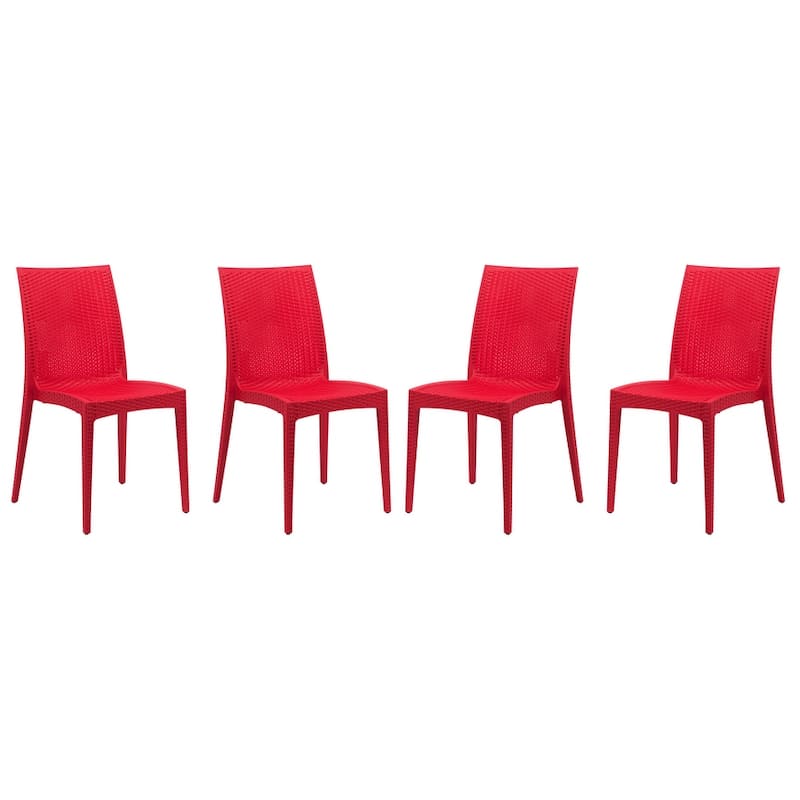 Outdoor Patio Dining Chairs, Set of 4 Stackable Polypropylene Chairs with Woven Design for Garden, Deck, or Pool - Red