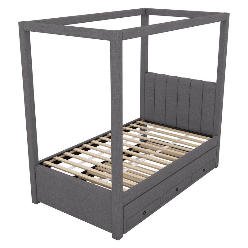 Twin/Full Size Upholstery Canopy Platform Bed with Trundle and Three Storage Drawers