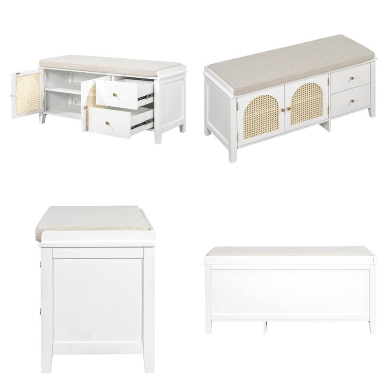Wood Shoe Storage Bench with Cushion,2 Drawers and 2 Rattan Door