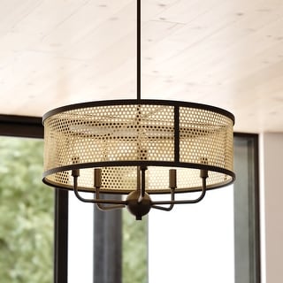 Berens 5 Light Matte Black Modern Farmhouse Drum Pendant Fixture with Rattan Cane Shade - 24-in W x 13.5-in H x 24-in D