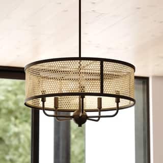 Berens 5 Light Matte Black Modern Farmhouse Drum Pendant Fixture with Rattan Cane Shade - 24-in W x 13.5-in H x 24-in D