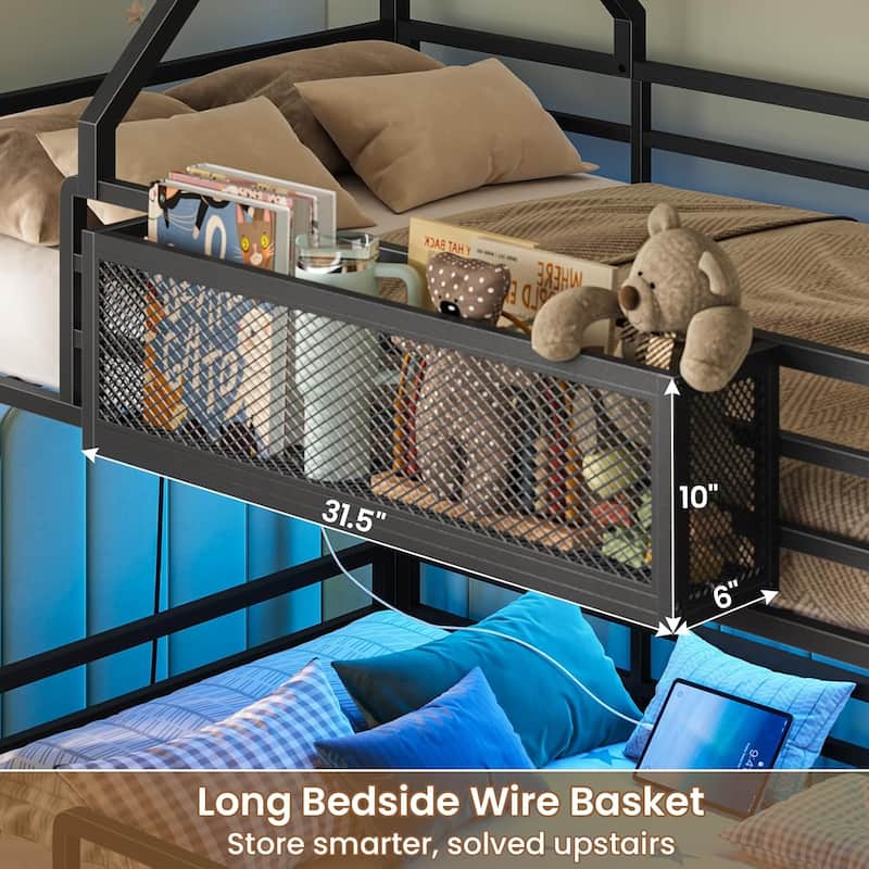 House Low Loft Bed Twin Size Storage Drawers Bookcase LED Lights