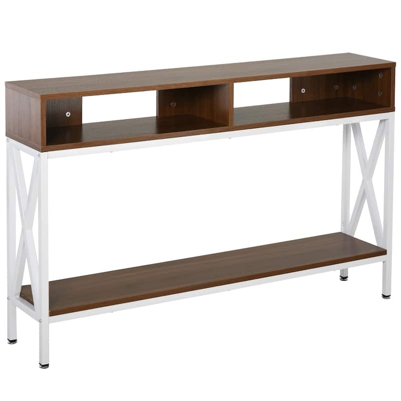 HOMCOM Industrial Style Entryway Console Table Desk with Shelf for Living Room, or Bedroom, Walnut Wood Grain - Light walnut, white