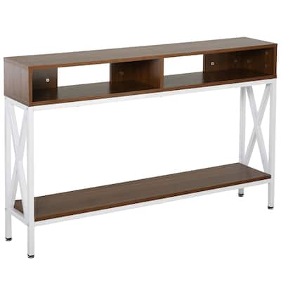 HOMCOM Industrial Style Entryway Console Table Desk with Shelf for Living Room, or Bedroom, Walnut Wood Grain