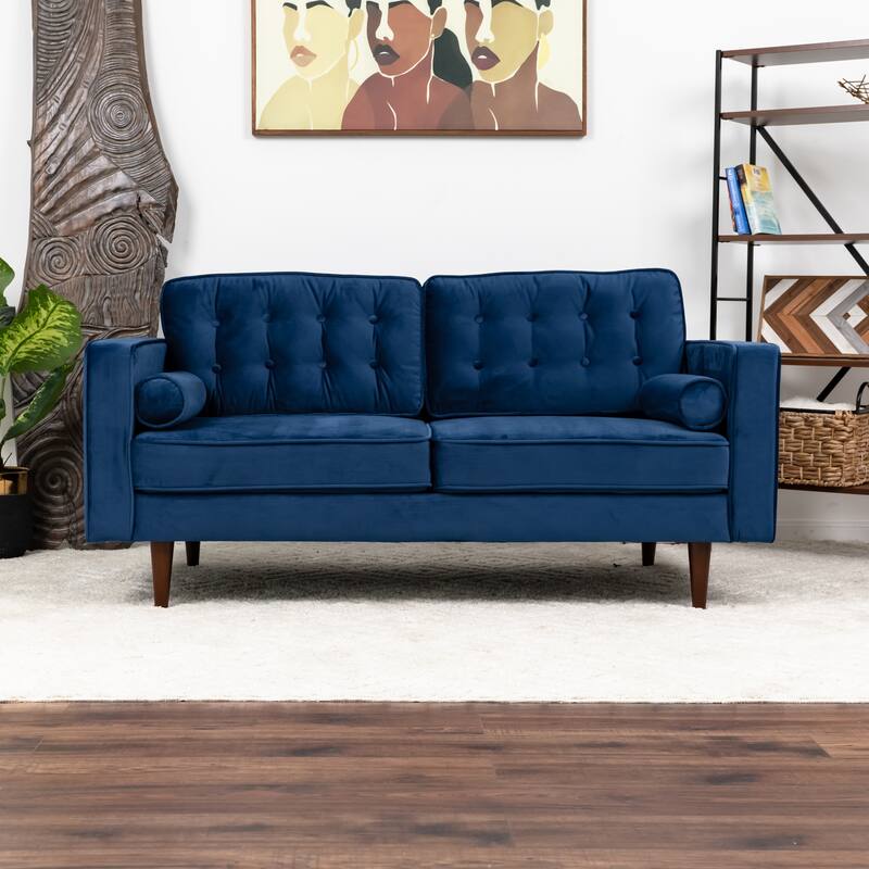 Mid Century Modern Harriet Blue Velvet Loveseat - 32"H x 65"W x 35"D - Blue