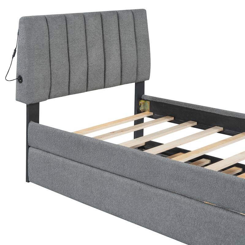 Twin Size Teddy Fleece Upholstered Platform Bed with Trundle and LED Lights, Gray