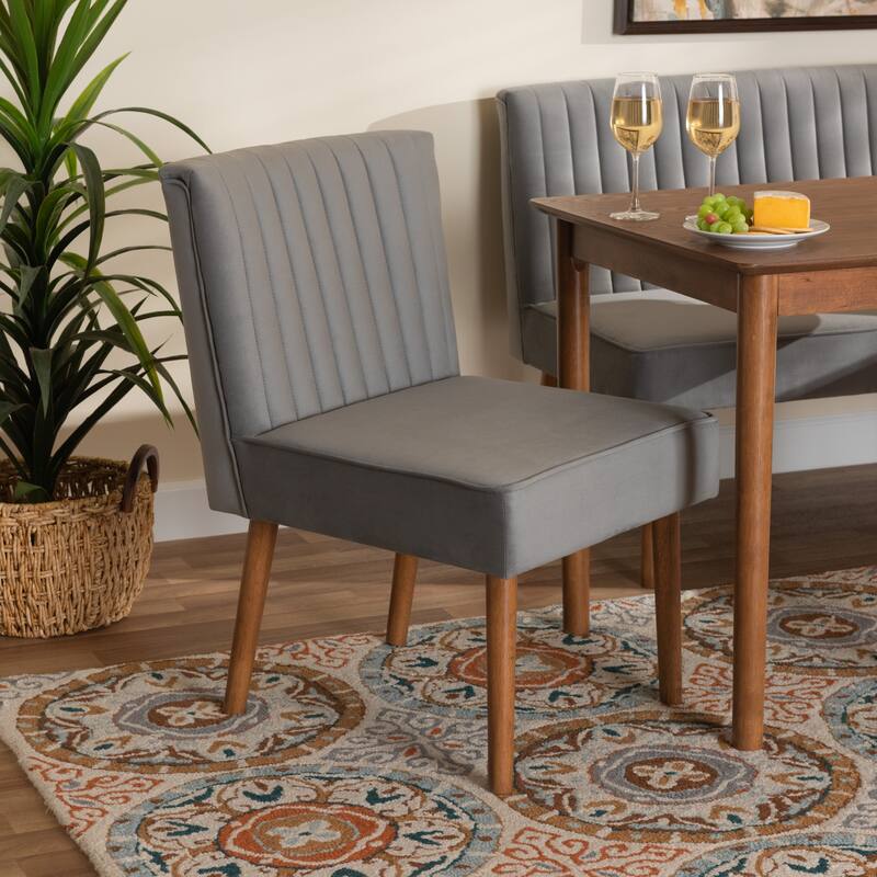 Alvis Mid-Century Velvet Upholstered Wood Dining Chair-Grey