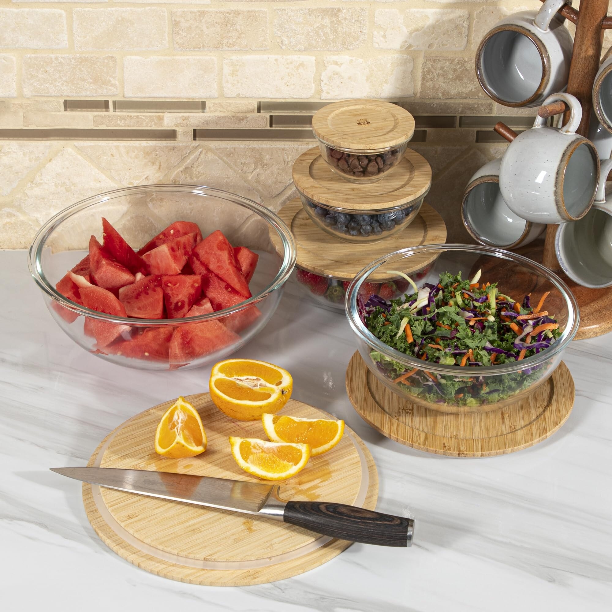 Glass Mixing Bowl Set with Bamboo Lids-Nesting Bowls- Stackable