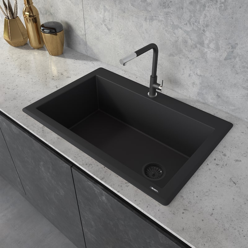 Ruvati 33 x 22 inch epiGranite Drop-in Topmount Granite Composite Single Bowl Kitchen Sink - Midnight Black - RVG1033BK