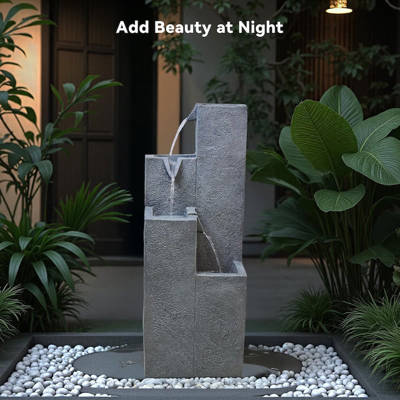 Vbal Modern Minimalist 4-Tier Outdoor Flowing Geometric Floor Fountain with 3 Warm LED Lights