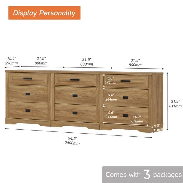 dimension image slide 4 of 12, WAMPAT Mid Century Modern Dresser, 31.9" Tall Storage Cabinet with Drawers