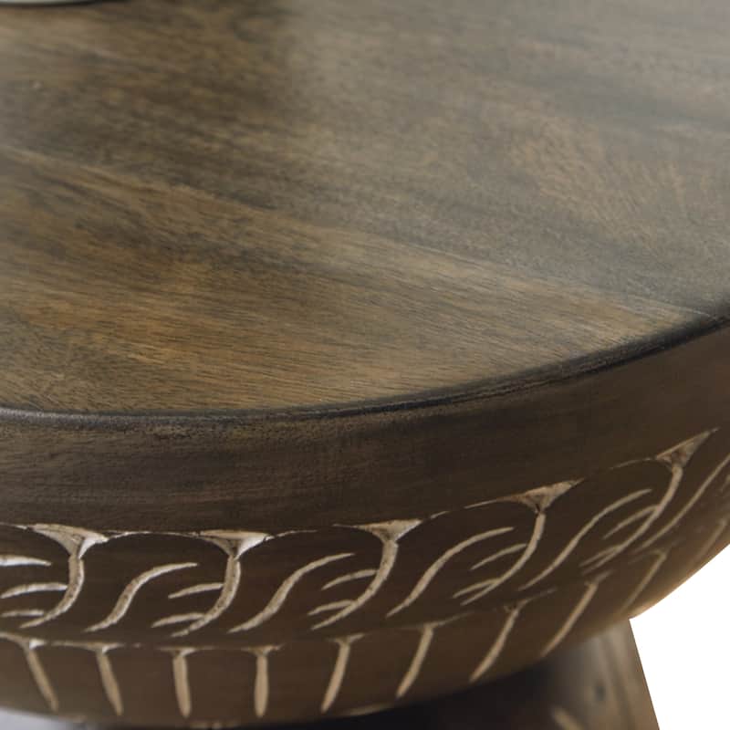 Accent Table, Faux Wood Classical Tribal Carved Design, Brown 14 Inch