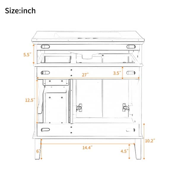 dimension image slide 5 of 8, Homy Casa 30 in. Bathroom Vanity with Ceramic Sink, Free-Standing Storage Cabinet with 2 or 3 Drawers