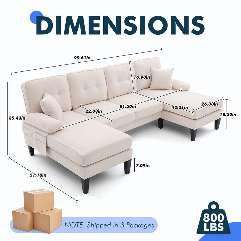 HOMEFUN Linen Upholstered U-Shaped 4-seater Tufted Wood Frame Sectional Sofa with Side Pocket