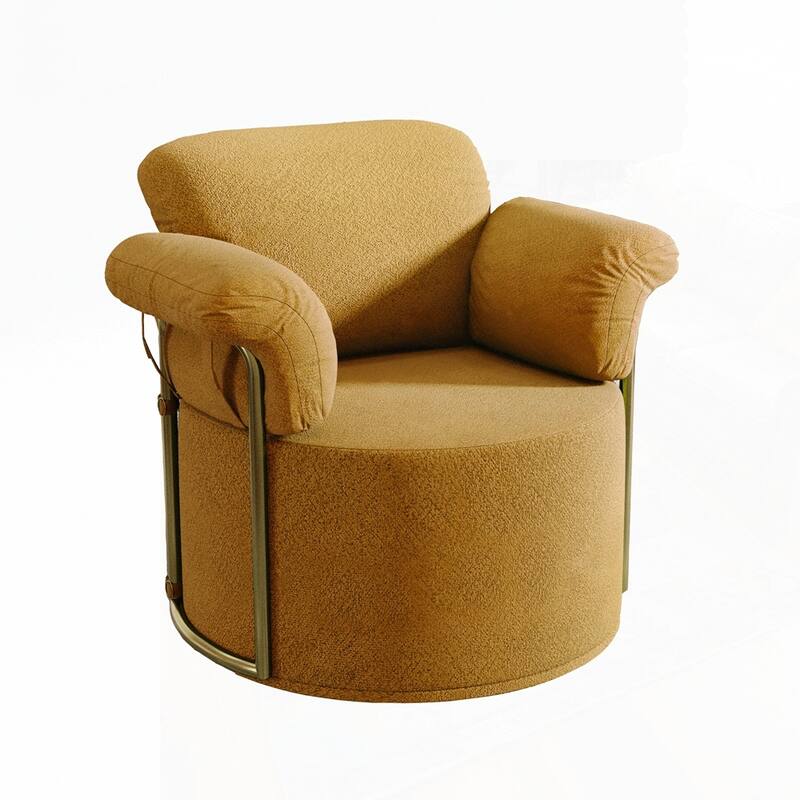 360 Degree Barrel Swivel Fluffy Fabric Lounge Wide Upholstered Reading Chair with Gold Metal Legs - Orange - Round Seat