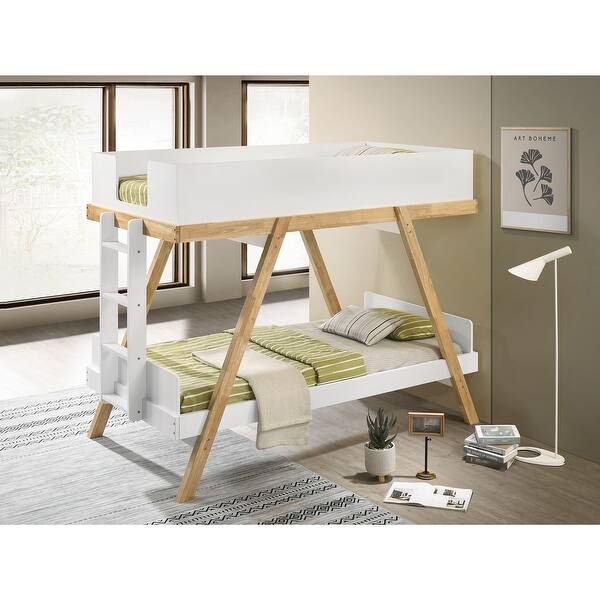 Modern White Twin Over Twin Bunk Bed with Ladder and Safety Rails - Bed ...