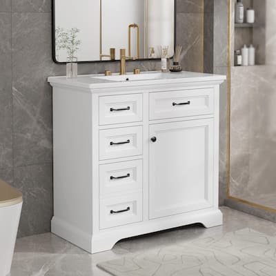 36-Inch Bathroom Vanity with Ceramic Sink Top - 4 Drawers and 1 Soft-Close Door