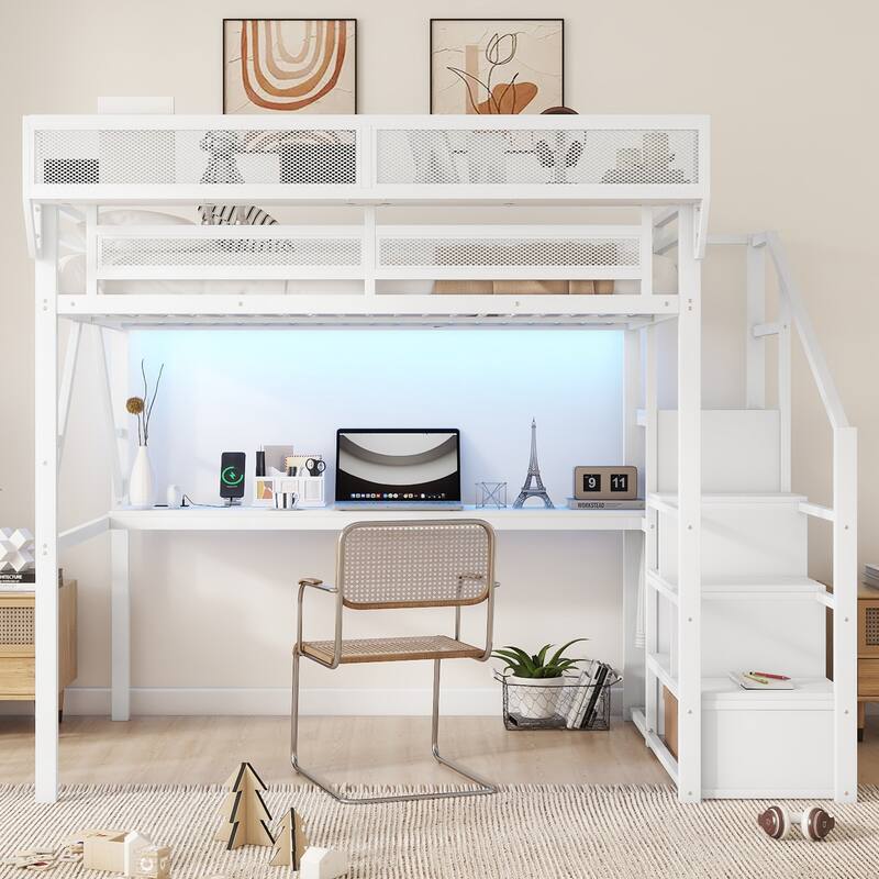 High Loft Bed Metal Bed Frame with Stairs Built-in Shelves and Wardrobe, Side Grid Rack, Light, Charging Station and Desk