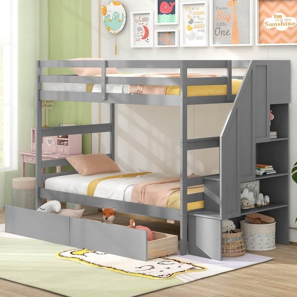 slide 2 of 8, Solid Wood Bunk Bed Twin Over Twin Bed w/ Storage Stairs & Drawers