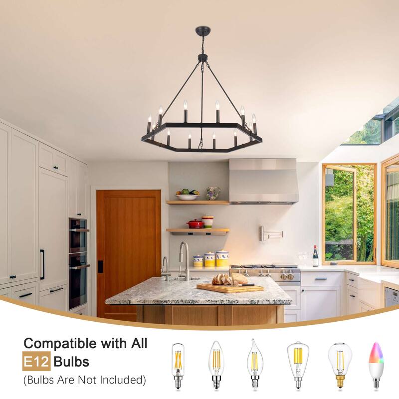 12-Light Rustic Candlestick Hanging Linear Chandelier Lighting Fixture for Kitchen Island