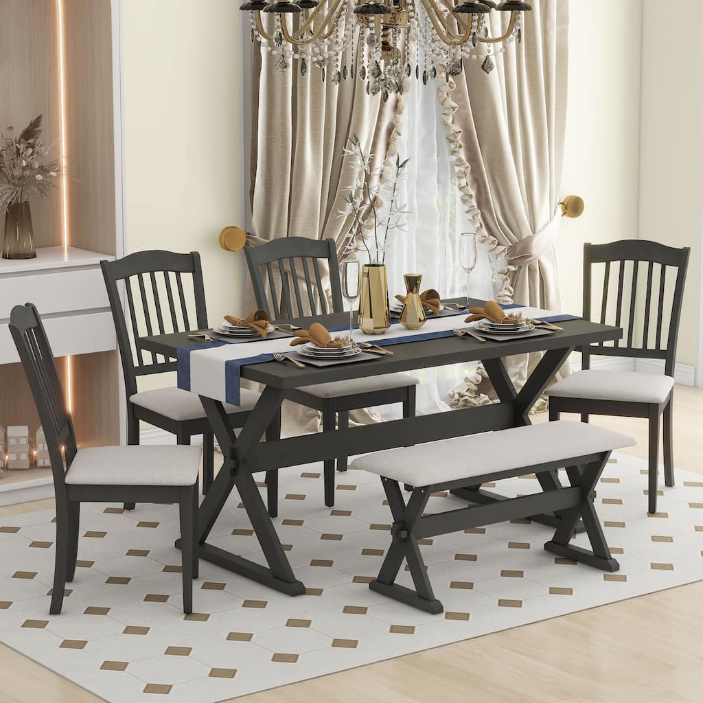6-Piece Rustic Dining Set, Rectangular Trestle Table and 4 Upholstered Chairs & Bench for Dining Room