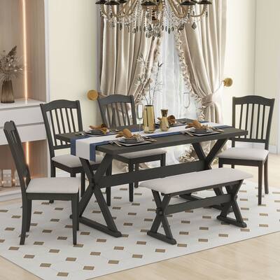 Retro Rustic Style 6-Piece Dining Set, Rectangular Trestle Table and 4 Upholstered Chairs & 1 Bench for Dining Room