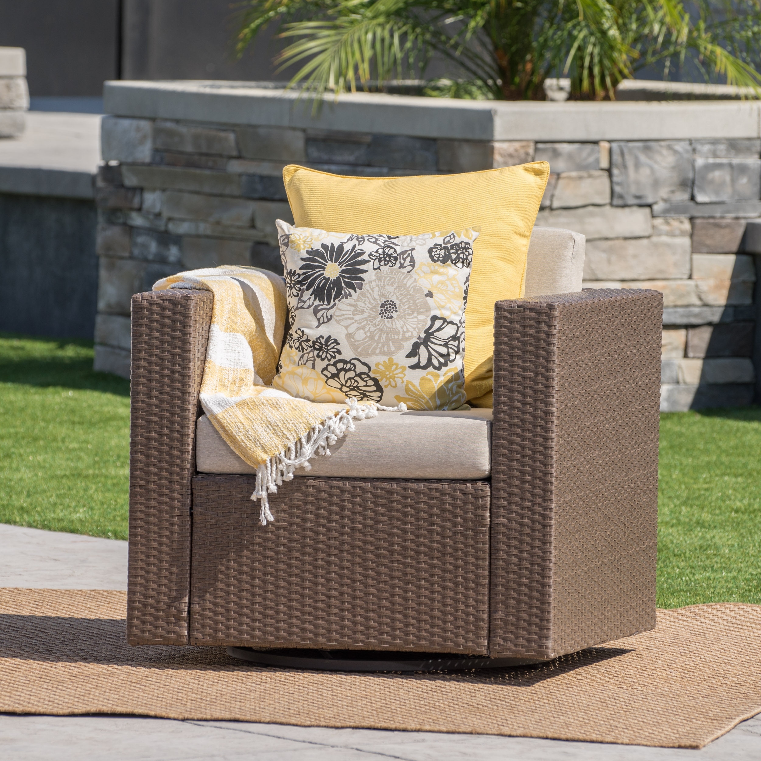Venice Outdoor Wicker Swivel Club Chairs with Cushions Transitional Style Dark Brown Beige GDFStudio