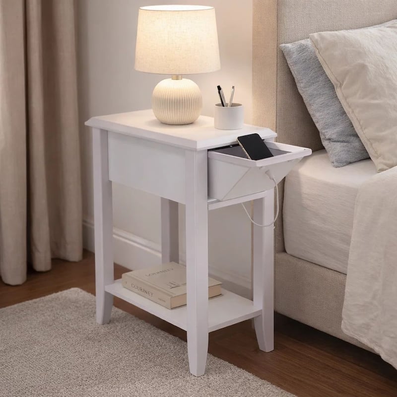 24 Inch Modern Chairside Table with Extendable Drawer and Cupholders, White