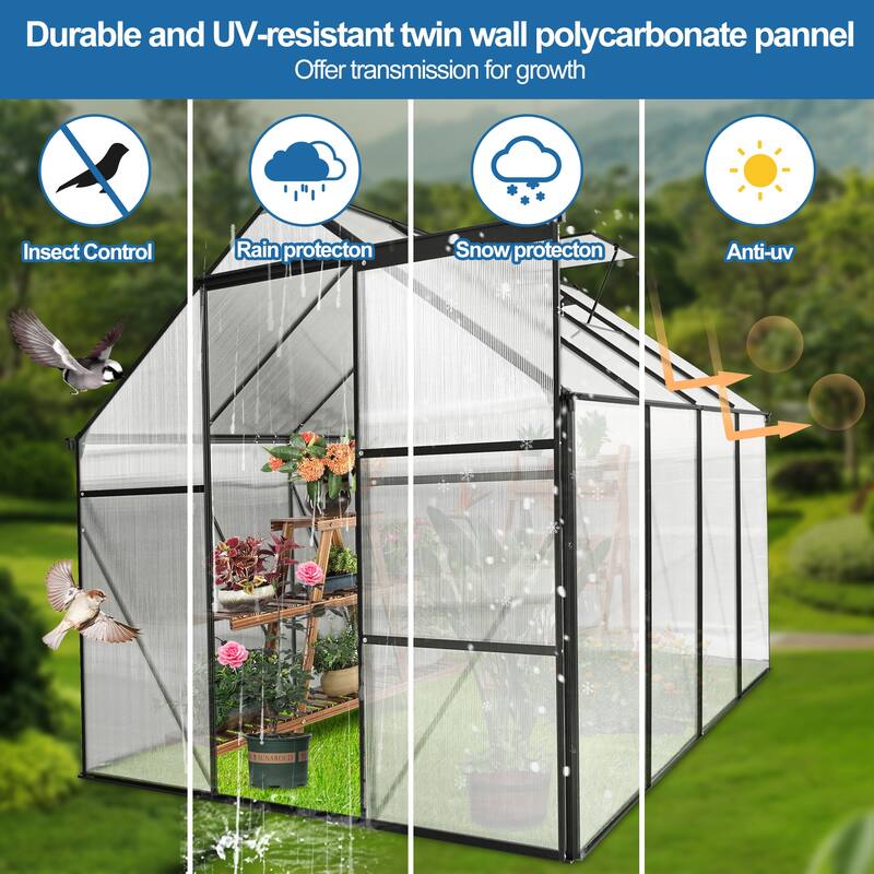 6x8 FT Polycarbonate Greenhouse Raised Base and Anchor Aluminum Duty Walk-in Greenhouses for Outdoor Backyard in All Season