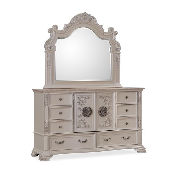 ENCRY Veuve Blanche Estelle 2本セット Santa Monica Pearl White Nightstand, Marble, Nail-head Trim - Bed