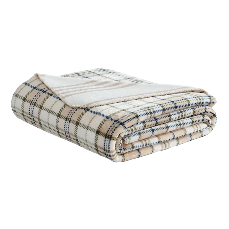 Nautica Printed Plush Fleece Reversible Throw Blanket - Southgale Plaid Beige