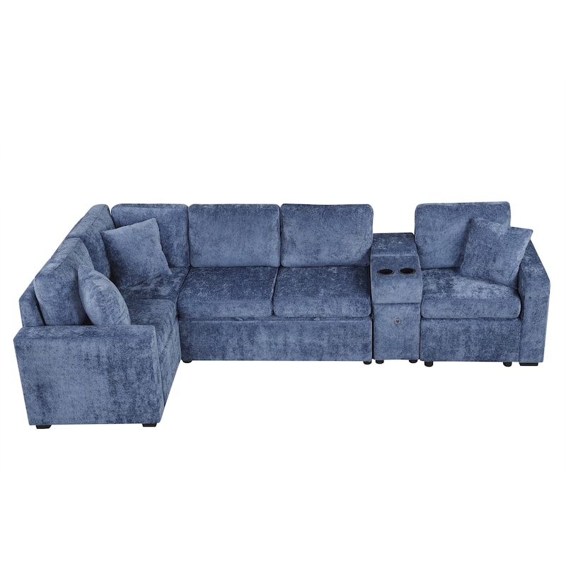 L-Shaped Modular Sectional Sofa with Pull-Out Bed, Chenille Convertible Sleeper Sofa Bed with Cup Holders & Multiple Storage