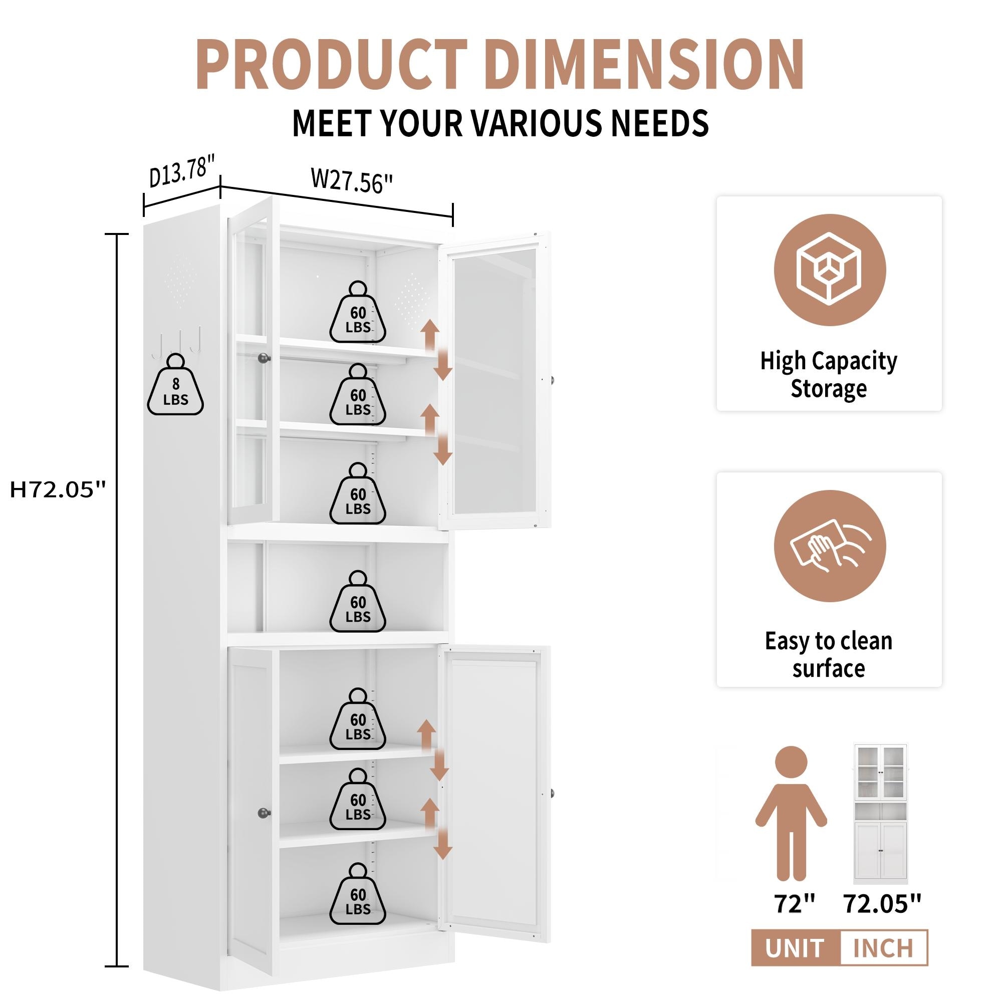 Metal Kitchen Pantry Cabinet - 72" Tall Storage with Adjustable Shelves (White)