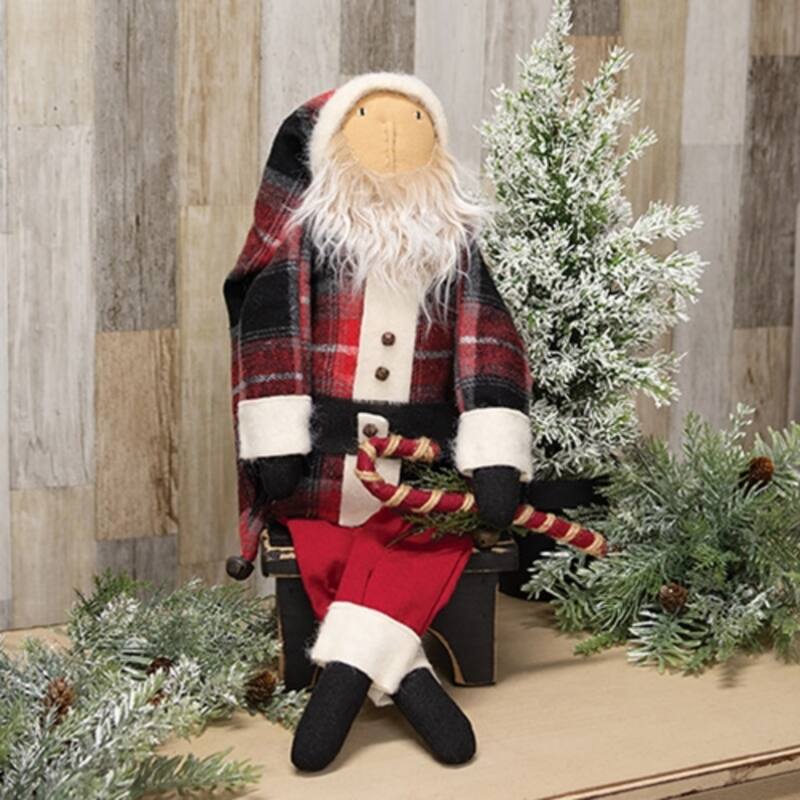 Plaid Coat Santa Doll with Jingle Bell Candy Cane Christmas Decor - 20" x 3" x 23"