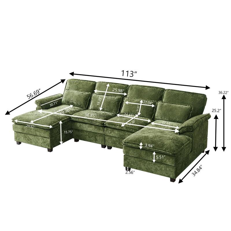 113 Inches Oversized Double Layer Cloud Design U Shaped Sofa with Double Chaise