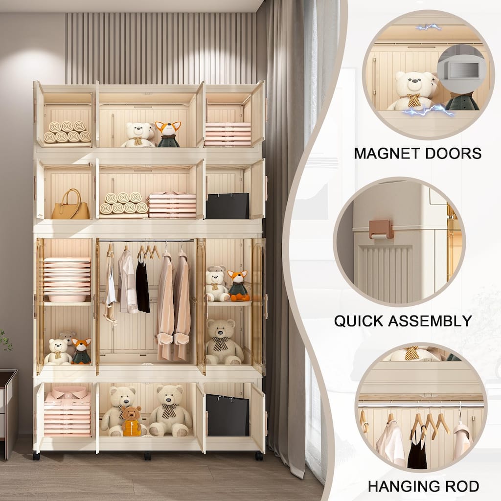 Foldable Modular Wardrobe Closet Clothes Storage Organizer with 17 Magnetic Doors, 17 Cubes & 1 Hanging Rod, Creamy White