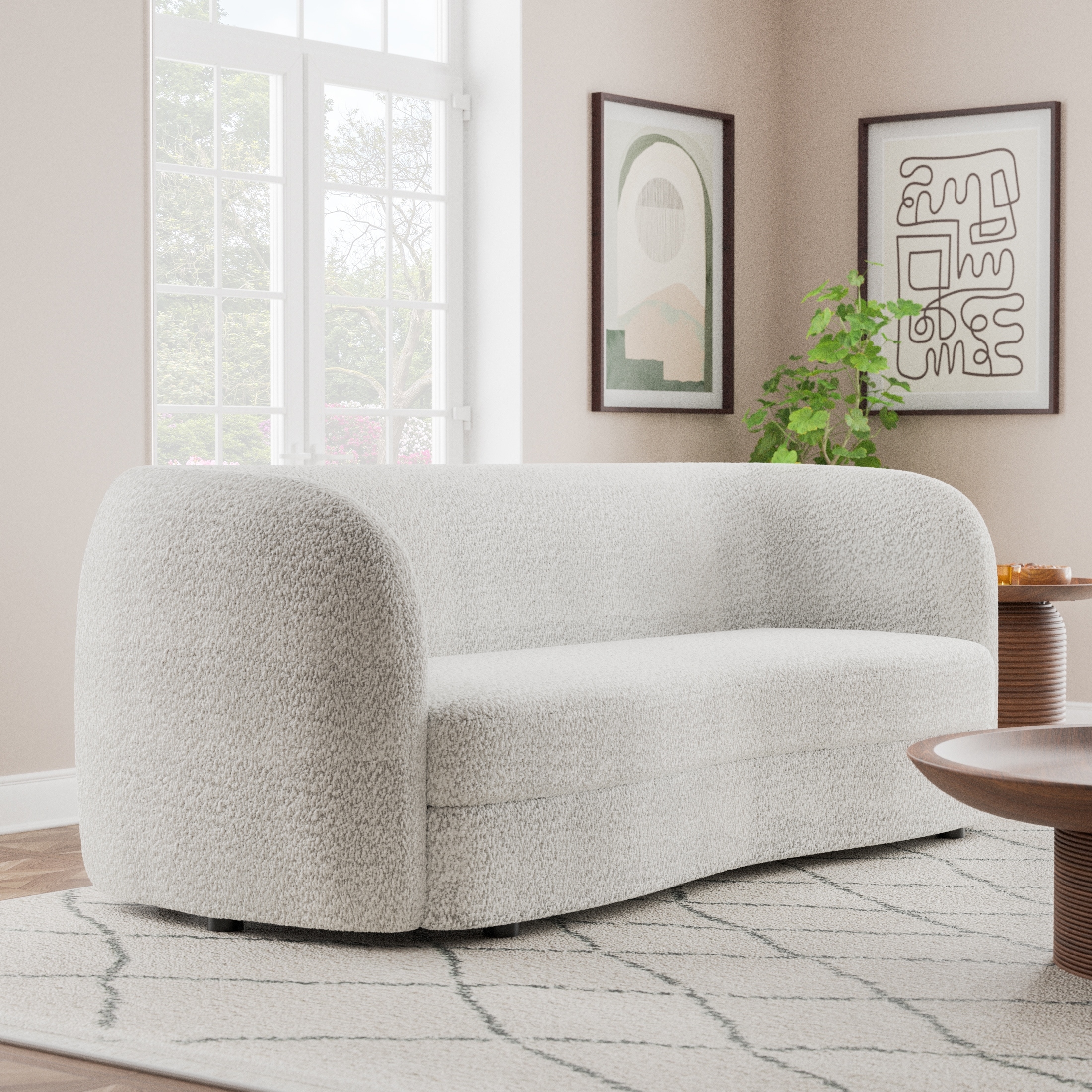 Furniture of America Ophelia Modern Curved Arms Boucle Sofa Couch with Kidney Style Seat and Round Wooden Legs