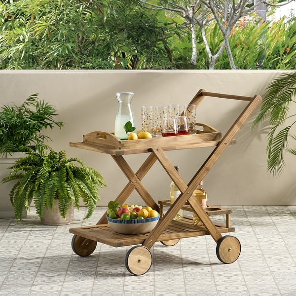 Riviera Outdoor Acacia Wood Bar Cart with Tray by Christopher Knight