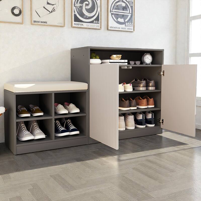 Entryway Shoe Cabinet with Bench, 2-Door Storage Console with Adjustable Shelves, 4 Open Shoe Racks & Cushion