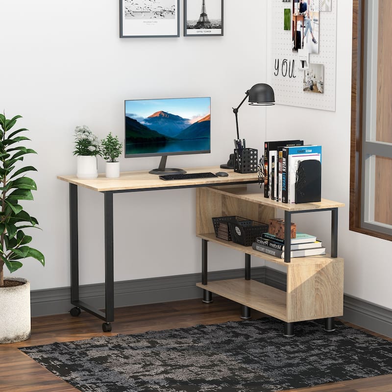 HOMCOM Mobile L-Shaped Rotating Computer Desk with Storage Shelves Moveable Rolling Writing Table