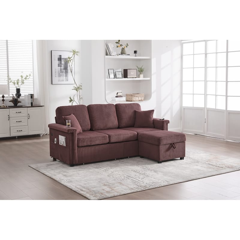 L-Shaped Sectional Sofa with Pull-Out Storage,Ottoman & Pillows 3-Seat with USB Charging,Cup Holder, Convertible Design