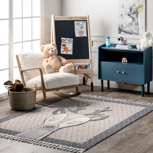 slide 2 of 11, Nuloom Eleanor Deer Kids Tasseled Area Rug 7' 10" x 10' 10" - Beige - Rectangle