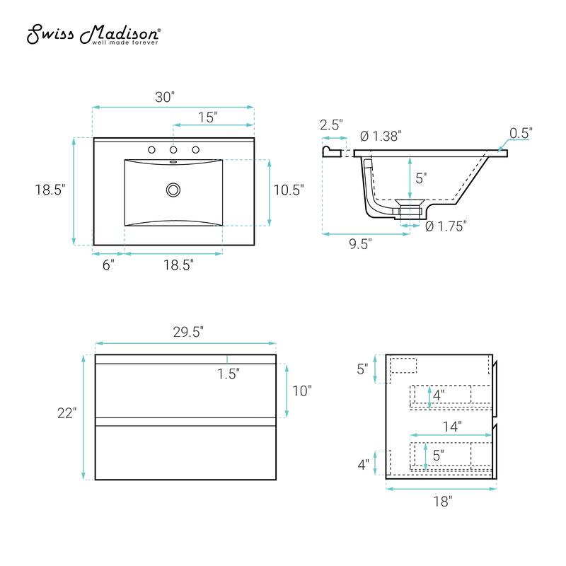 Liberte 30" Wall-Mounted Bathroom Vanity In Black Oak With 3-Hole Widespread Sink Top - 30