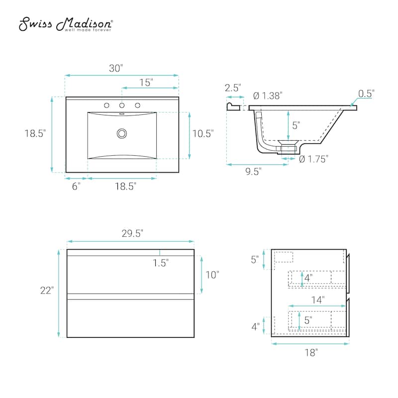 Liberte 30" Wall-Mounted Bathroom Vanity In White Oak With 3-Hole Widespread Sink Top - 30
